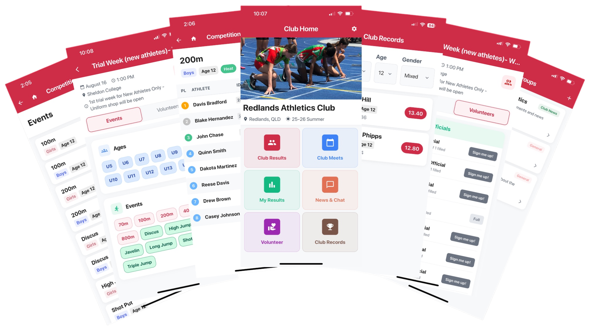 SplitFast Club Connect app showing six screens including Club Home, Meet Results, Club Records, Volunteer sign-up, Meet Details and Chat Groups on iPhone